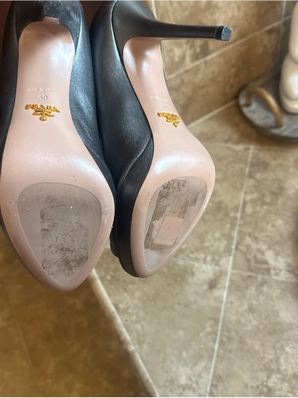Prada Metallic Charcoal Peep-Toe Heels